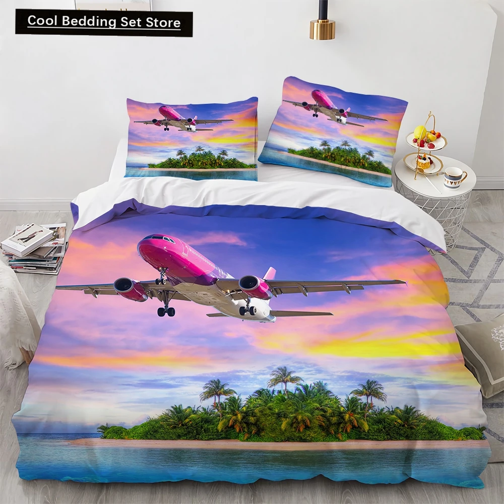 

3D Airplane King Queen Duvet Cover Pink Airliner Bedding Set for Adults Sky Sea Natural Landscape 2/3pcs Polyester Quilt Cover