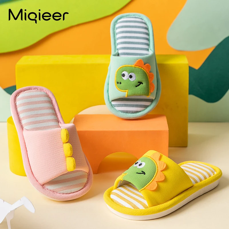 

Cartoon Dinosaur Kids Slippers Children Home Flats Shoes Soft Non-Slip Cute Baby Shoes Indoor Bedroom Spring Autumn Flax Slipper