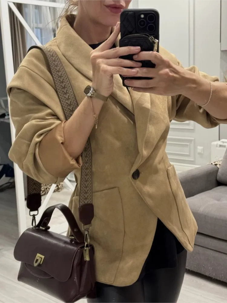 

Vintage Suede Bomber Jacket Coat Woman 2025 New Autumn Winter Casual Slim Pocket Long Sleeve Outwears High Street Elegant Coats