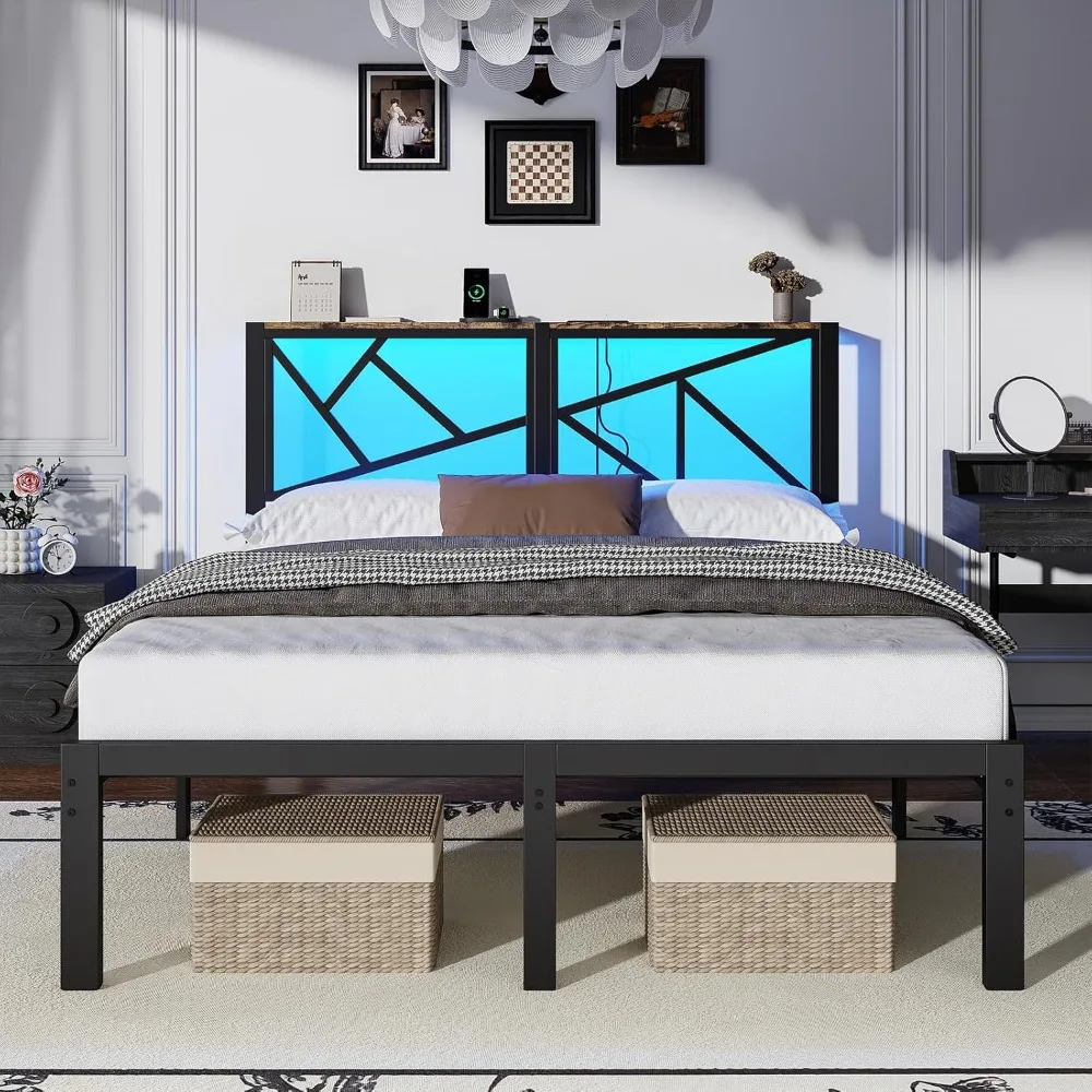 Queen Size Black Metal Bed Frame with USB Charging Station, LED Ambient Lighting, and Wooden Storage Headboard - Includes