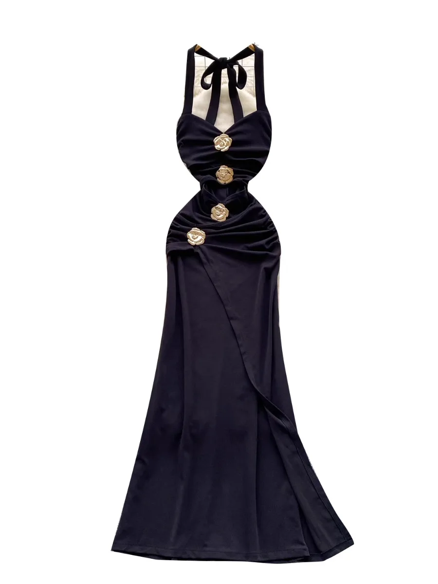 فستان صيفي طويل بدون ظهر من Foamlina فستان نسائي عالي الجودة مع رسن معدني على شكل زهرة غير منتظمة فساتين ماكسي للحفلات المسائية