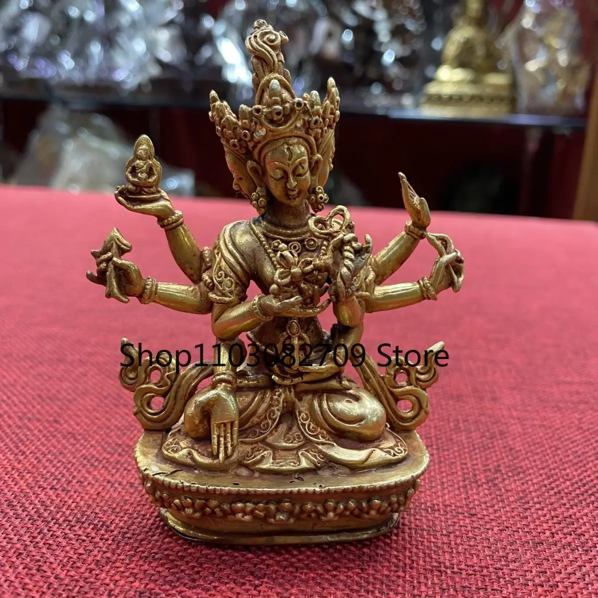 Nepalese handmade red copper gilt Venerable Buddha Mother Langama Dharma Protector statue small Dharma Protector ornament with a