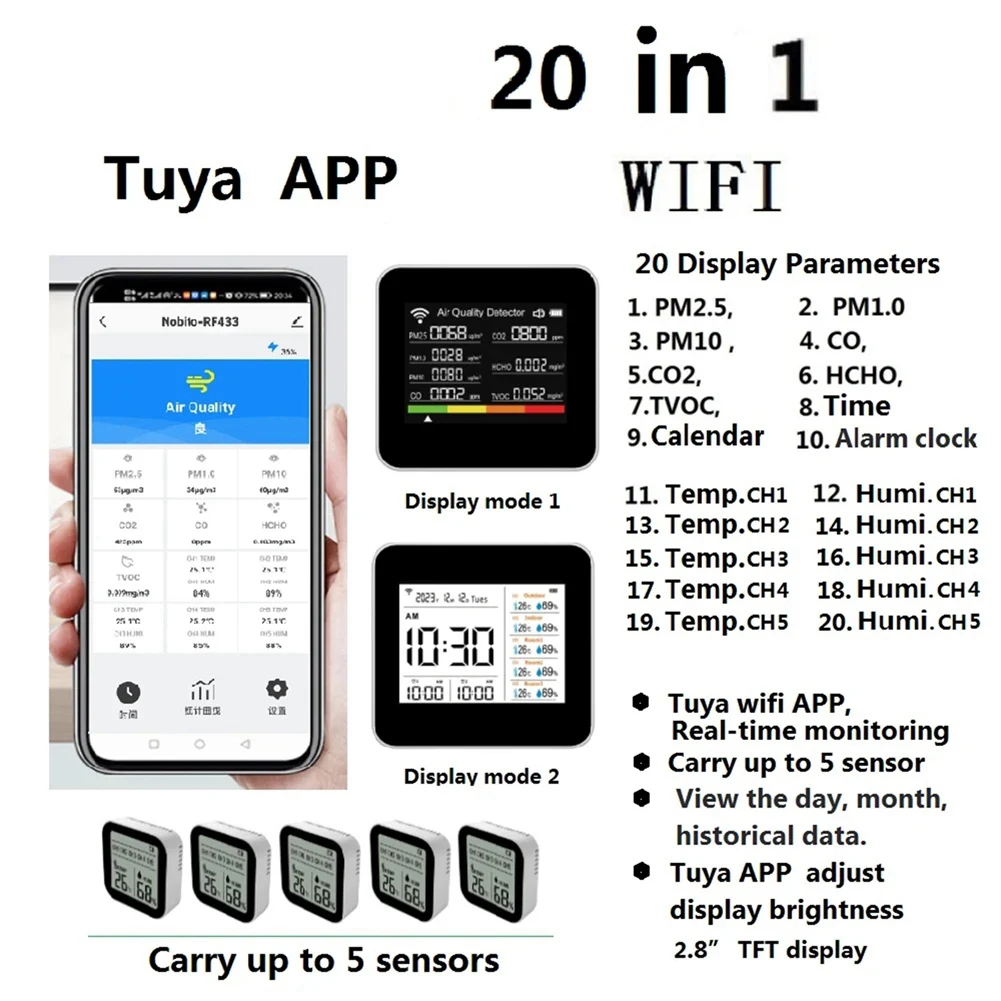 

RISE-20 In 1 Tuya WIFI Air Quality Detector CO/CO2/TVOC/HCHO/PM2.5/PM1.0/PM10/Temp/Humidity/Time/Datew/ 5Pcs Sub-Sensors