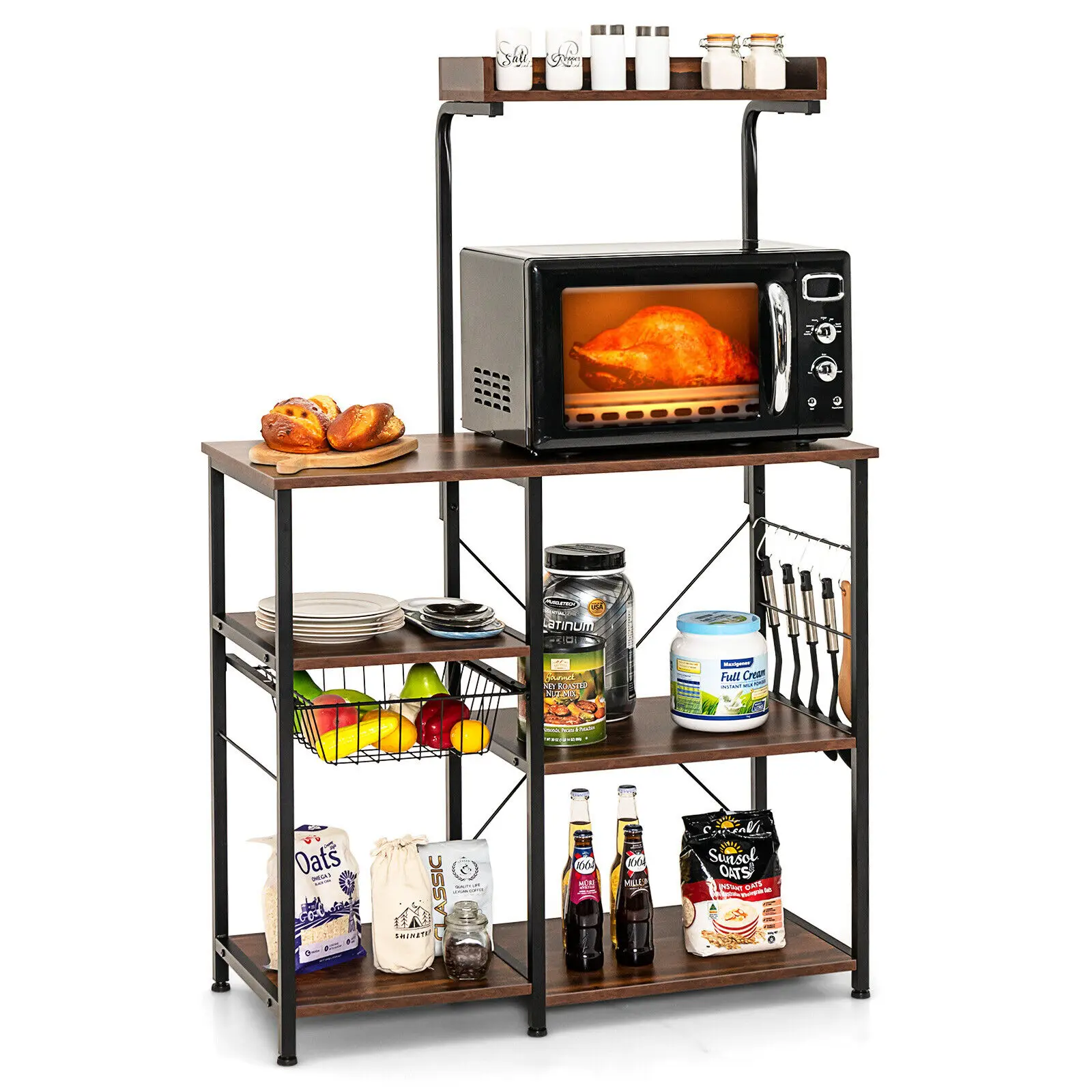 Costway 4-Tier Kitchen Baker's Rack Microwave Stand w/Basket & 5 Hooks Dark Brown