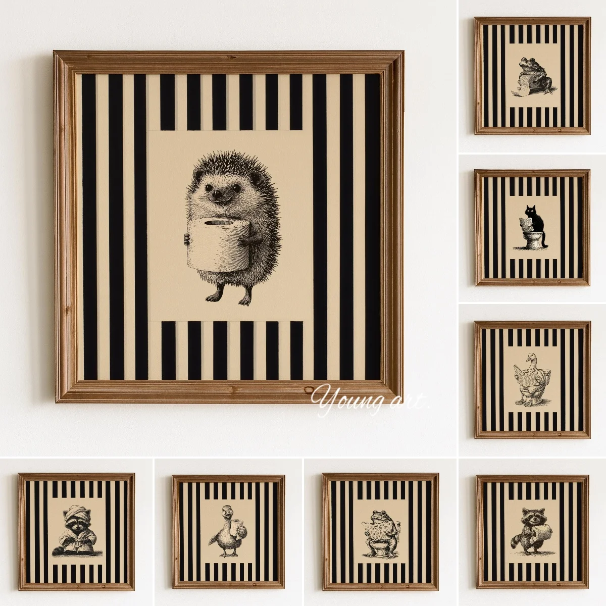 Whimsical Hedgehog Holding Toilet Roll Canvas Print Poster Vintage Funny Striped Animal Art Prints Bathroom Wall Art Home Decor