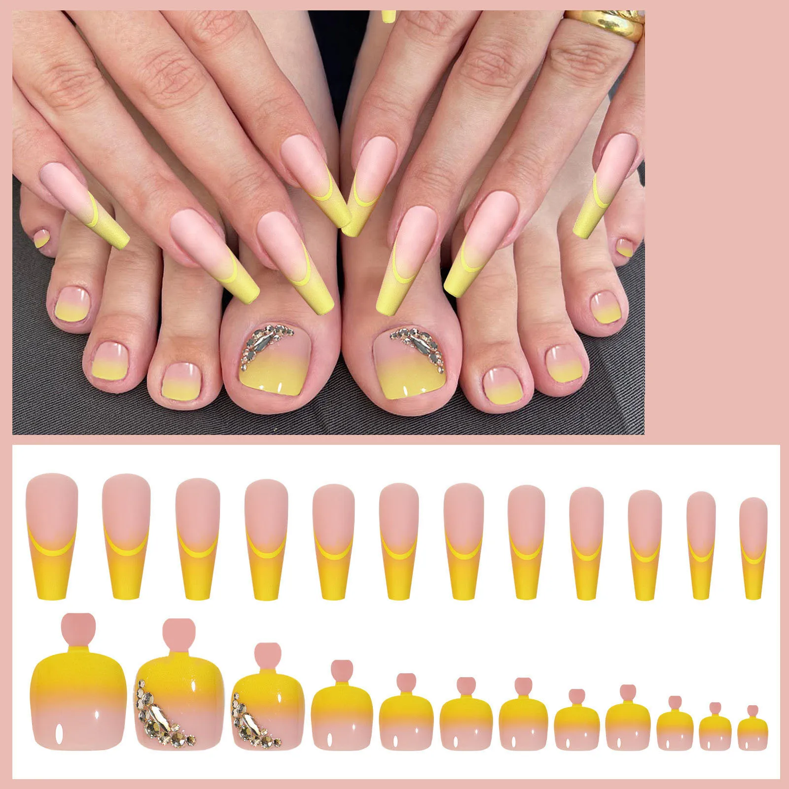 48Pcs French tip  yellow fake nails  Finger and Toe combination long coffin press on nails diamond decoration