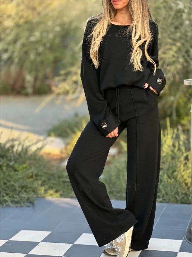 Autumn Winter New Fashion Long Sleeved Women\'s Suit Casual Loose Simple Pocket Solid Color Wide Leg Trousers 2 Piece Set Female