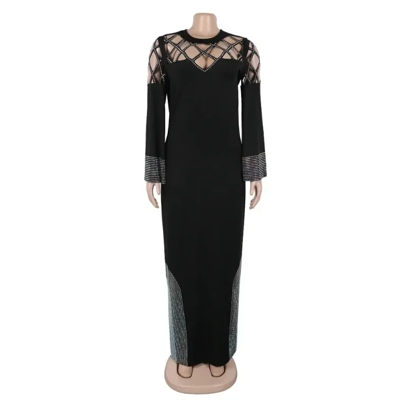 Customized 2025 Black Shiny Loose Dress Elegant Rhinestone Long Sleeved Loose Side Slit Maxi Dresses Sexy Hollowed Out Birthday