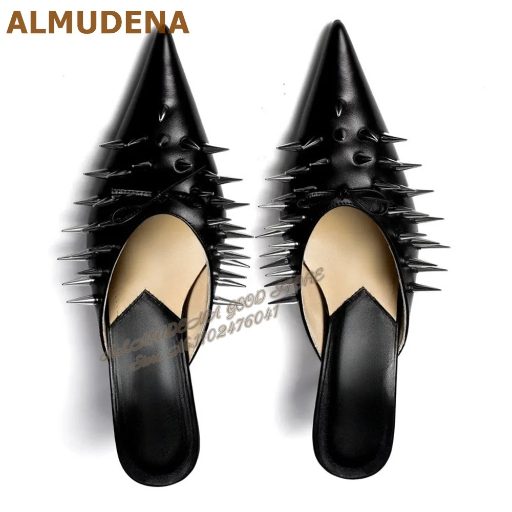 

ALMUDENA/черные матовые туфли-лодочки на высоком каблуке с полными заклепками, серебристые металлические длинные шипы, современные тапочки без шнуровки, модельные туфли с узлом-бабочкой