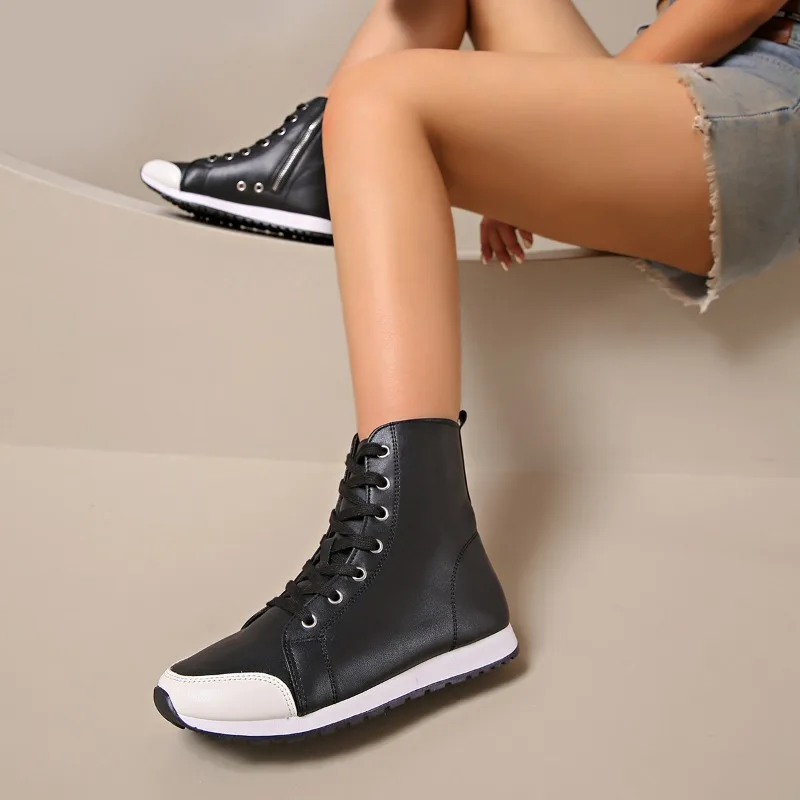 

Spring Autumn Women's High-Top Sneakers Fashion Side Zipper Lace-Up Thin Boots Soft Microfiber Leather Ankle Boots Women Shoes