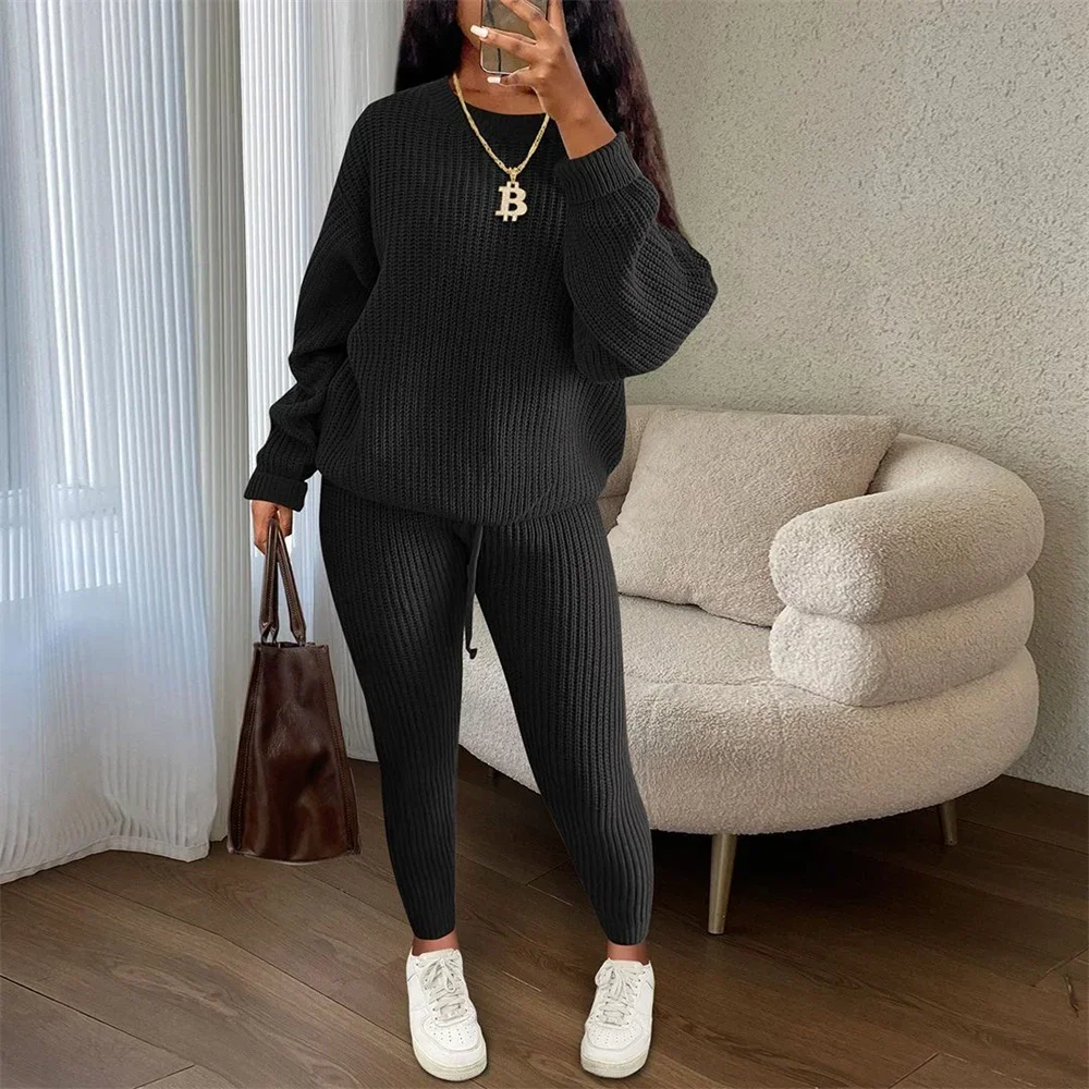 New Autumn Winter Women Knitted Tracksuit Two Piece Set Female Sweater Tops + Elastic Waist Pant Knitted Suit Women Outfits