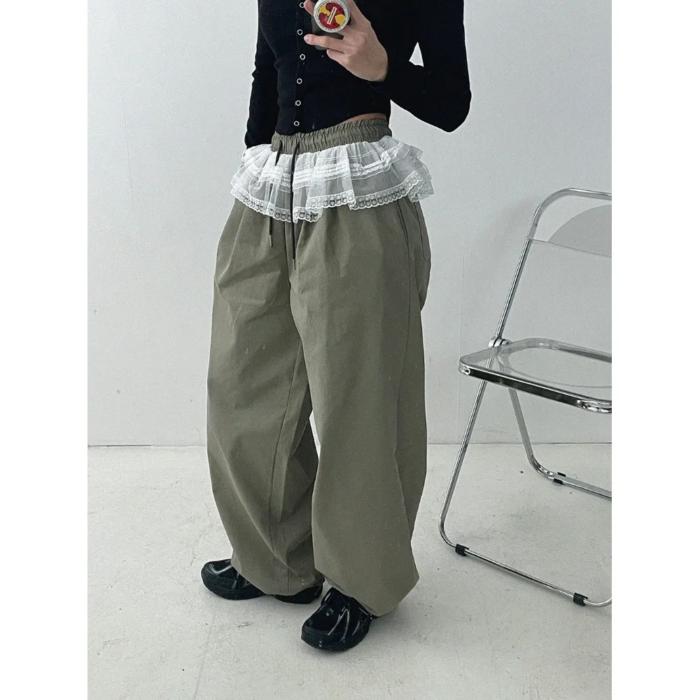 

Fashionable Casual Lace Waist Vintage Personality Wide Leg Pants Versatile Summer New Arrival Women's Natural Waist Pants