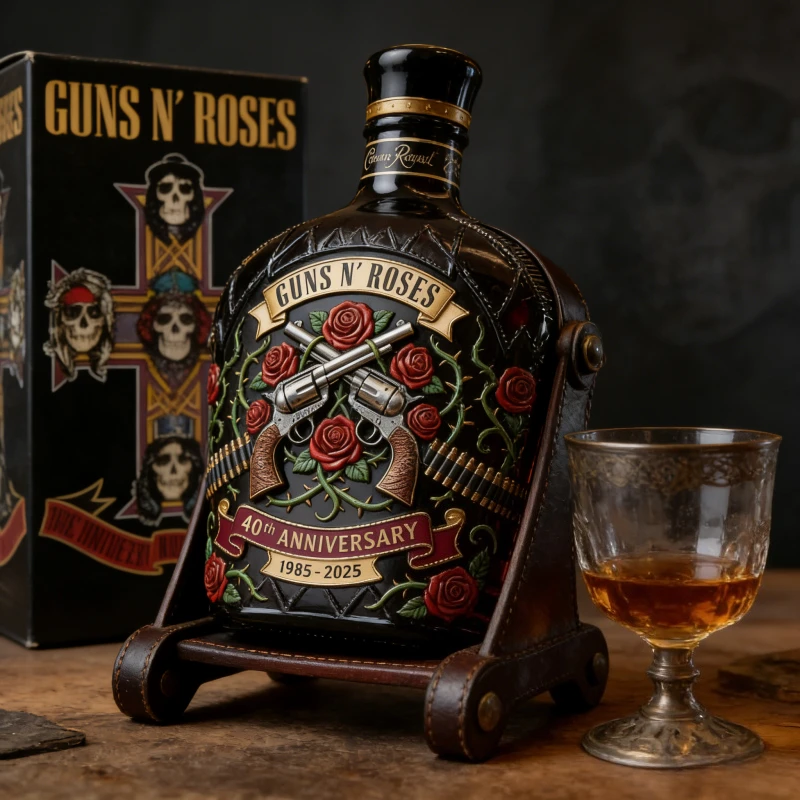 Novelty Guns N' Roses Crossed Revolvers & Roses Whiskey Decanter 40th Anniversary Collectible for Rock Fans