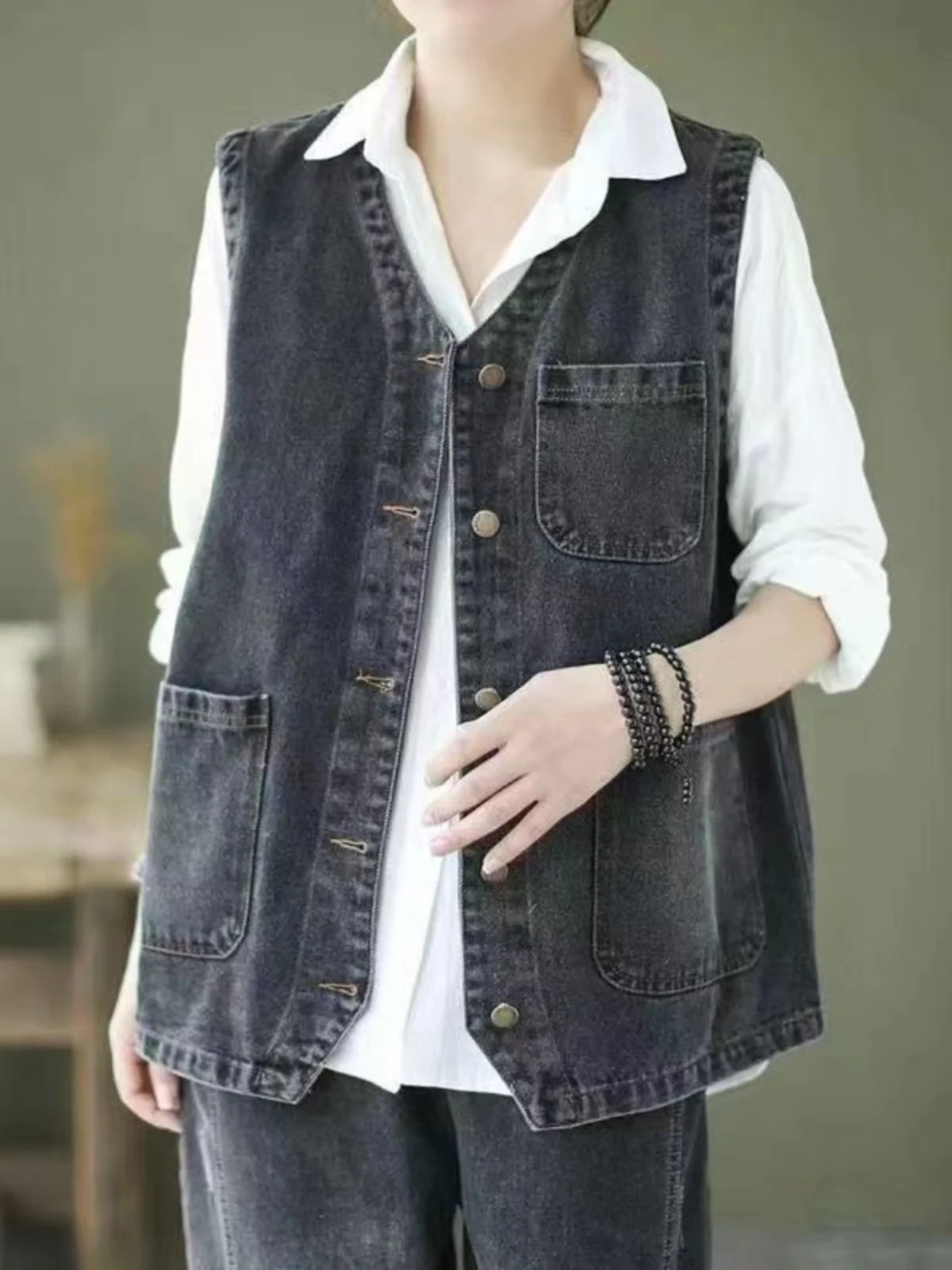 

Универсальный лыжный джинсовый жилет, женская модная облегающая рабочая одежда Jaet, модная универсальная осенняя новинка с V-Ne ket Detail