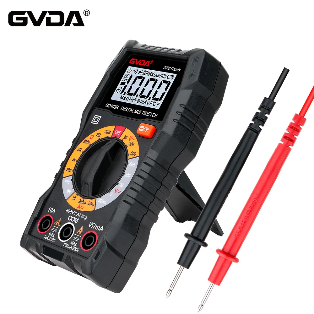 GVDA Digital Multimeter DMM Voltmeter True RMS AC DC Voltage Meter Diode Continuity Resistance Tester 2000 Counts Multitester