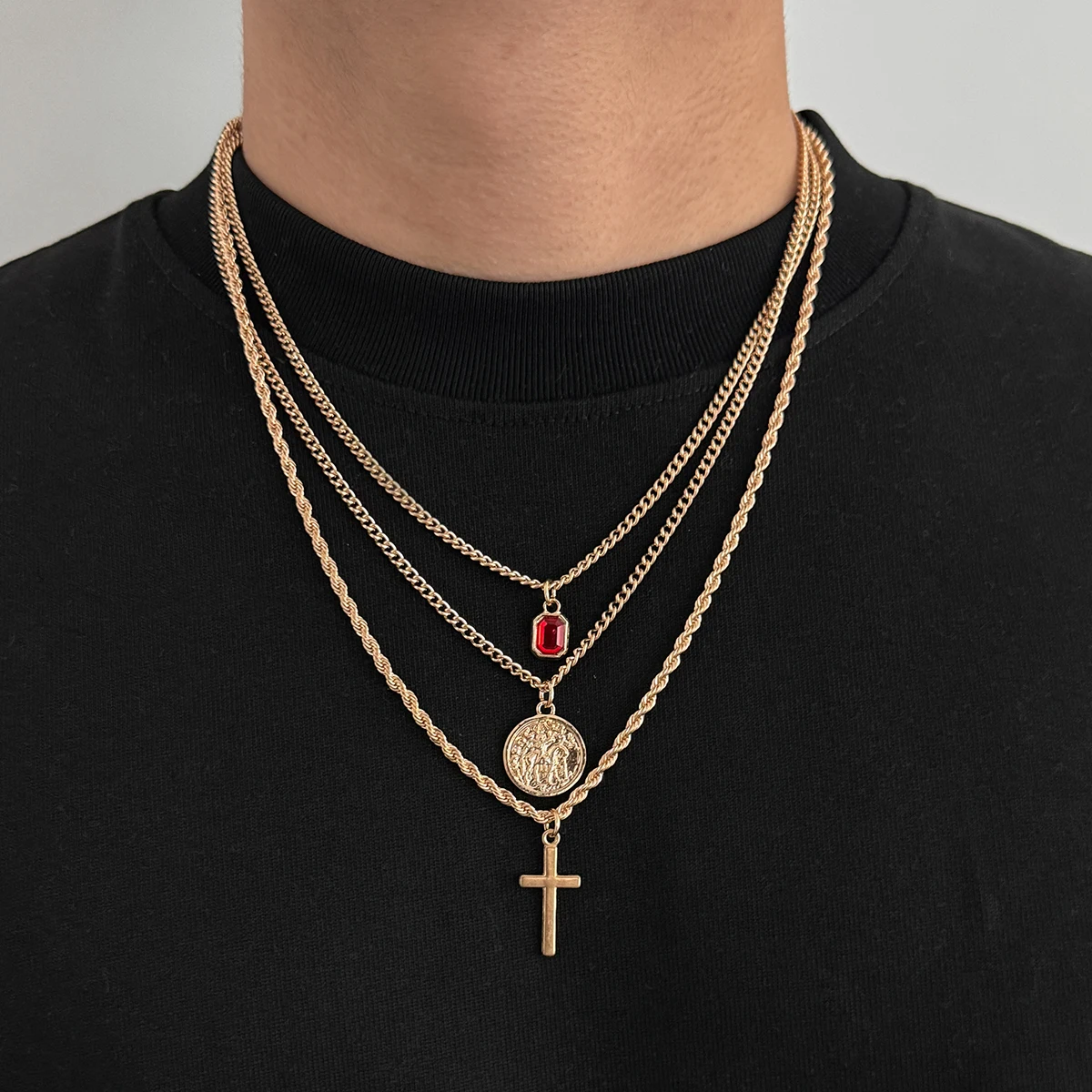 KunJoe 3Pcs/Set HipHop Punk Red Square Cross Texture Round Pendant Necklace Men Trendy Adjustable Gold Color Twist Chain Jewelry