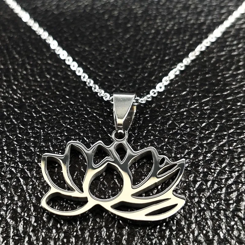 Stainless Steel Yoga Lotus Necklace for Women Silver Color Choker Flower Pendant Necklaces Jewelry colgantes mujer moda 1261-QKC