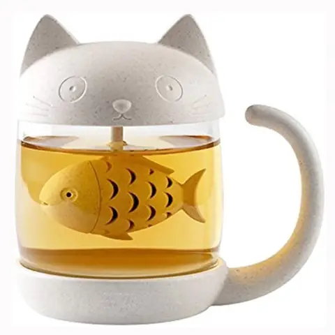 Cute Cat Glass Cup Tea Mug With Fish Tea Infuser Strainer Filter