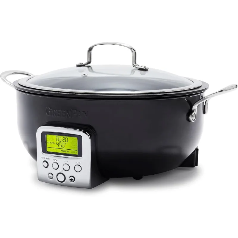 وعاء مقلاة GreenPan Elite Essential Smart Electric 6QT، Sear Saute Stir-Fry and Cook Rice، سيراميك غير لاصق، خالٍ من مادة PFAS، أسود