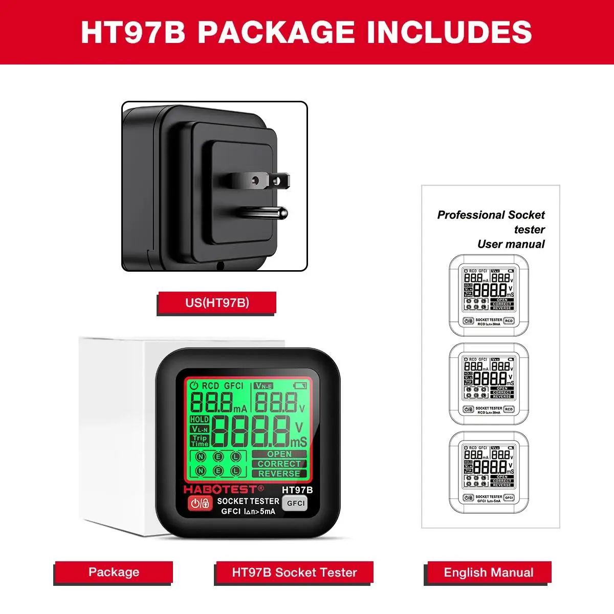 HABOTEST HT97 Digitaler Steckdosentester Intelligenter Spannungsdetektor RCD GFCI Spannungstest EU US UK Stecker Großes Display Steckdosentester