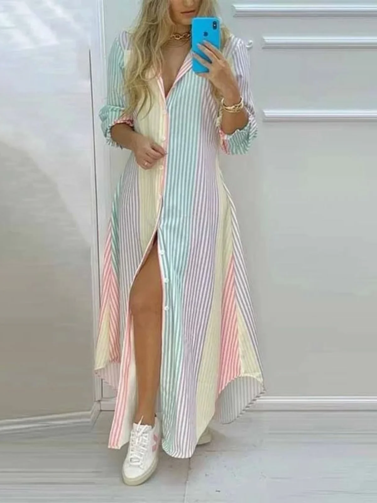 캐주얼 프린트 긴 소매 셔츠 드레스 스트리트 스타일 루즈핏 여성 패션 봄 컬렉션 컬러 블록 디자인 버튼 디테일