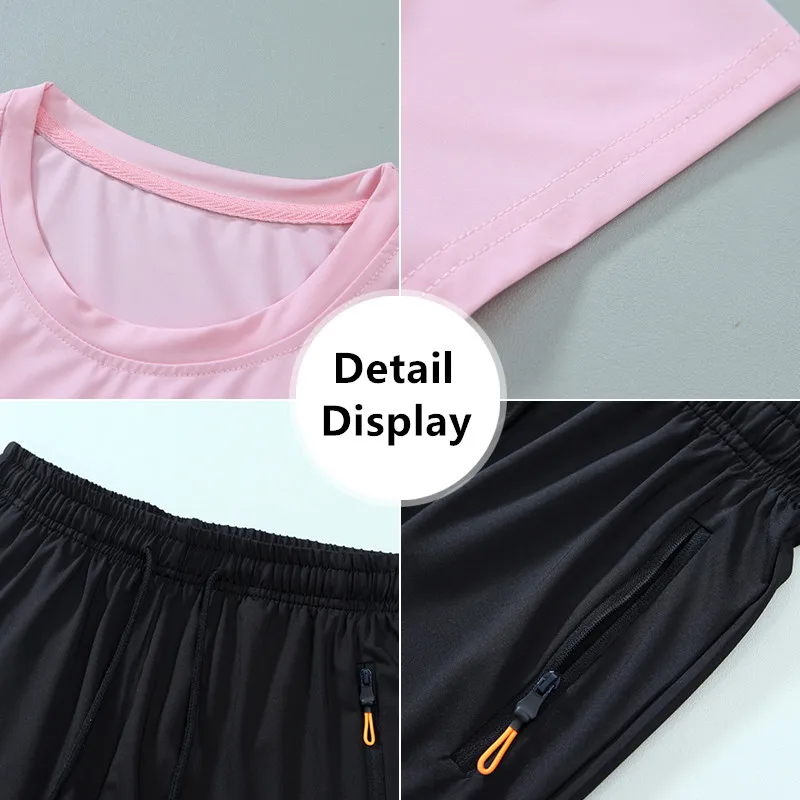 Fashion quick drying ice silk short sleeved shorts 2-piece set for women's new summer thin running breathable sportswear suit