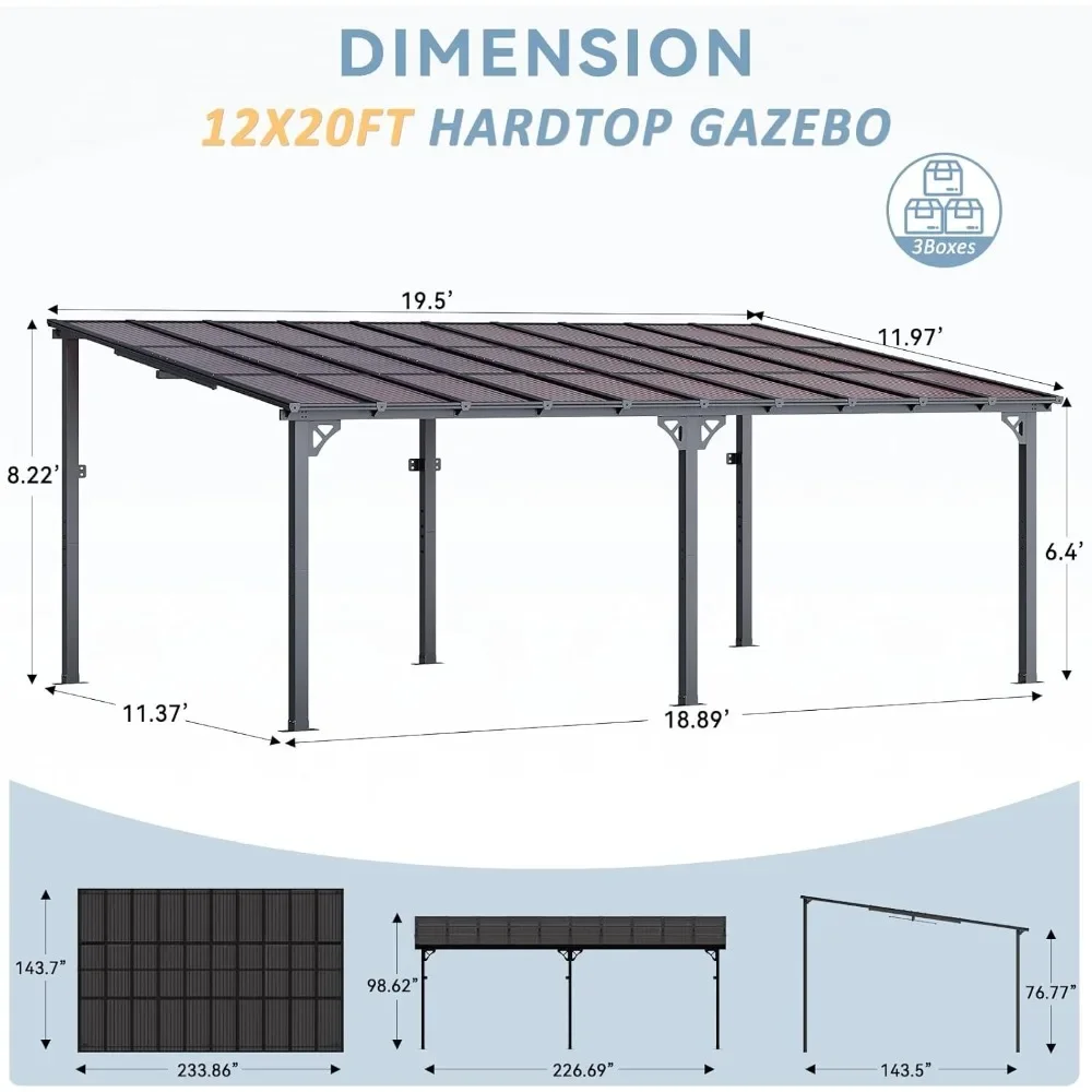 12' X 20' Gazebo for Patio, Gazebo Pergola with Sloped Roof, Large Wall-Mounted Heavy Duty Awnings, for Patio, Backyard