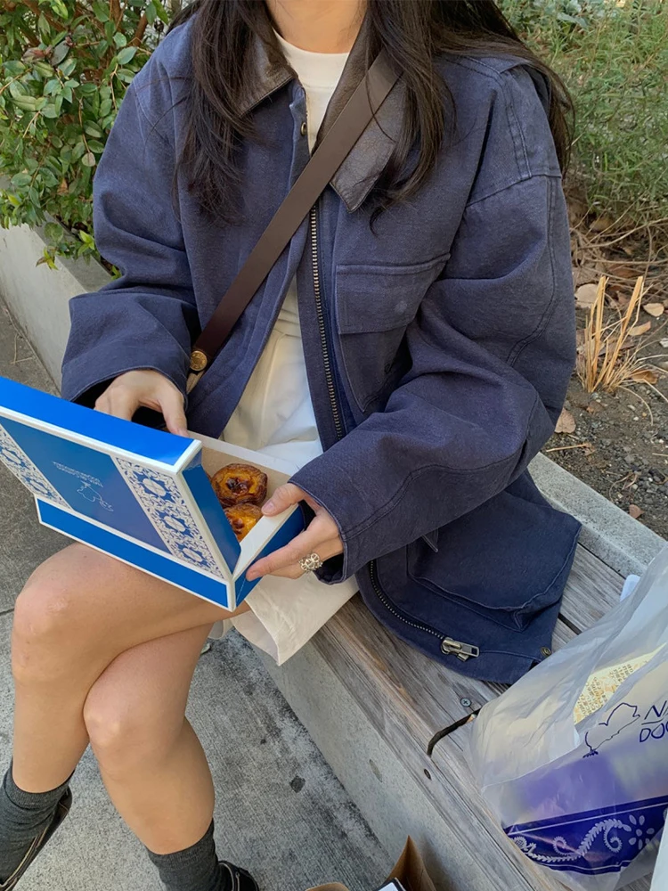 

Clothland женский элегантный свободный плащ из искусственной кожи с воротником в стиле пэчворк куртка с длинными рукавами женская верхняя одежда повседневные топы Mujer CB185