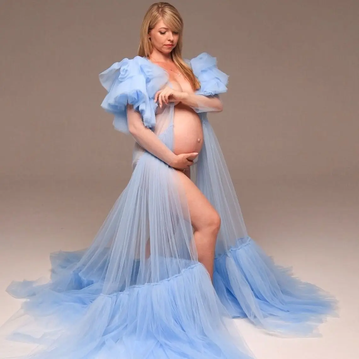 

Sky Blue Prom Dress For Women Maternity Photoshoot Gown Bridal Sheer Tulle Lingerie Puffy Nightgown Baby Shower Dresses