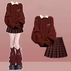 Autumn Winter Women Red Sweater White Shirts Plaid Mini Pleated Skirts Set Lady Preppy Style Knit Pullover Blouse Skirt Outfits