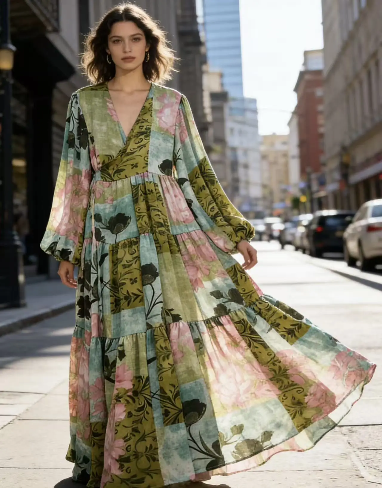 Bohemian Women Long Maxi Dress V Neck Lantern Sleeve Patchwork Print Tiered Ruffle Loose Flowy Dress For Beach Holiday Outfit