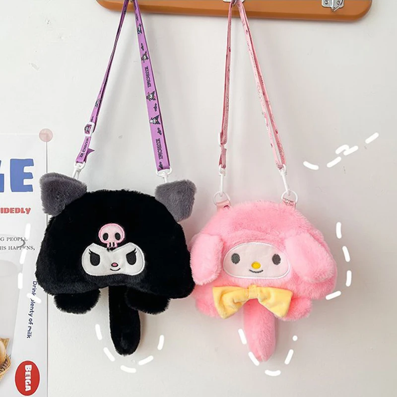 Sanrio Cartoon Crossbody Bag, Alça de ombro ajustável, Plush Cosmetic Storage, Kuromi Cinnamoroll, Melody Hello Kitty