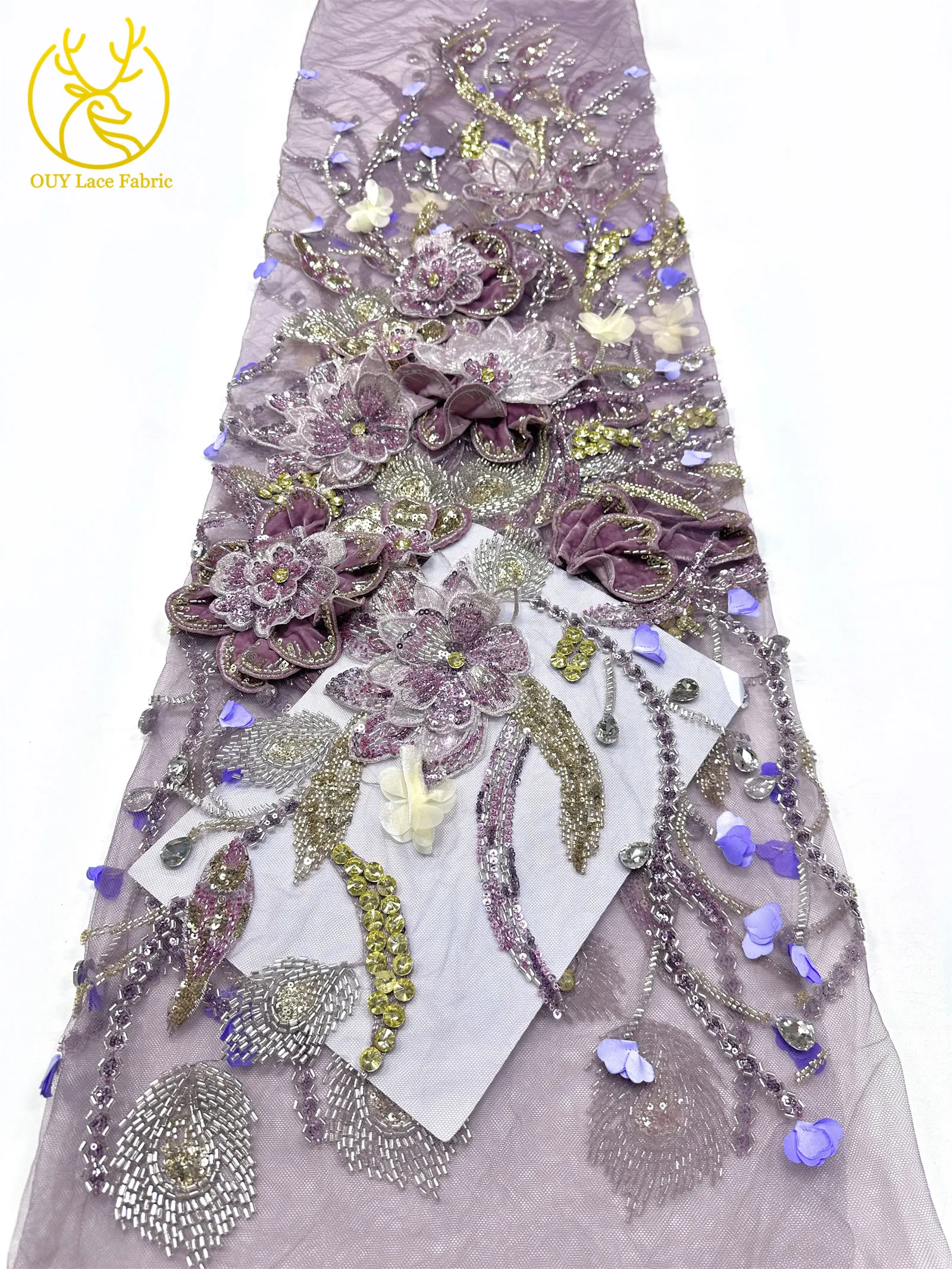 Handgefertigter Luxus Maßgeschneiderter 3D-Stickerei-Blumen-Edelstein-Spitzenstoff Afrikanischer Perlen-Pailletten-Spitzenstoff für Brautkleider – Detail 11