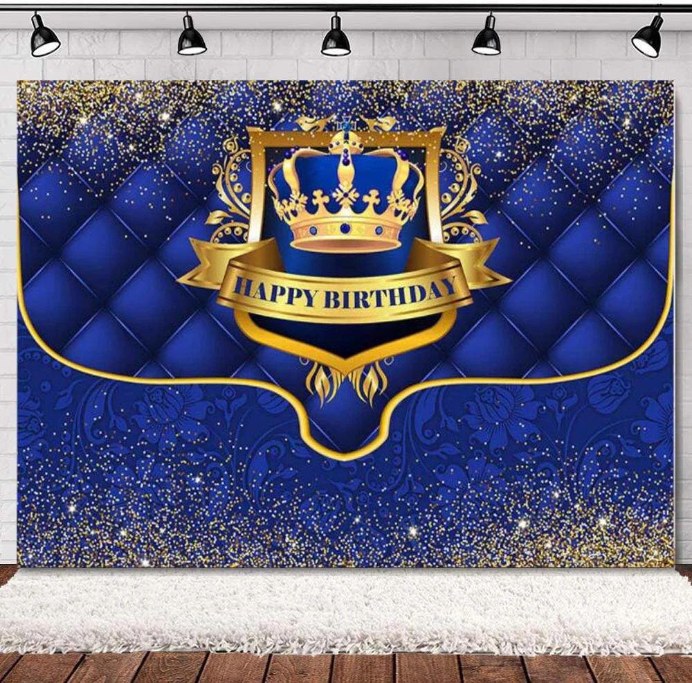 Photography Backdrop Royal Blue Crown Birthday For Gold Glitter Newborn Kids Boys Photo Background Navy Blue Decorations Banner