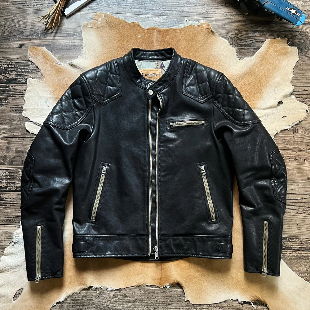 YR!Free shipping.Tough guy Motorcycle Leather Jacket.Vintage tanned cowhide coat.Brand Cidu quality Leather Chaqueta de cuero