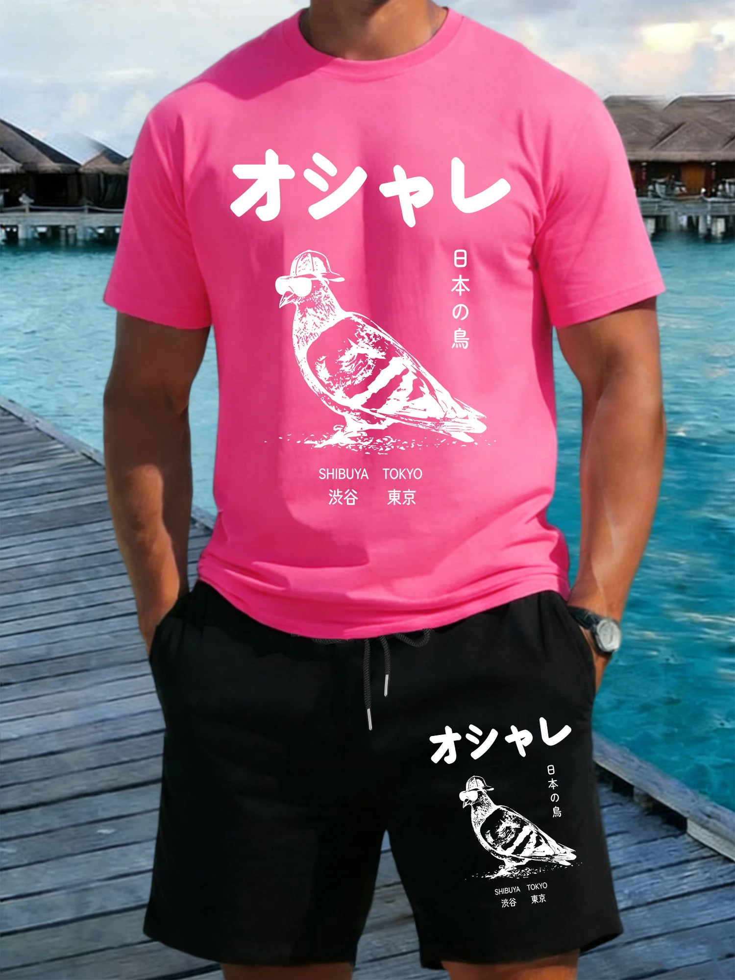 

Birds From Shibuya Japan Print Mens T-Shirts Suit Loose Cotton T Shirt Pocket Drawstring Streetwear Summer Breathable Shorts