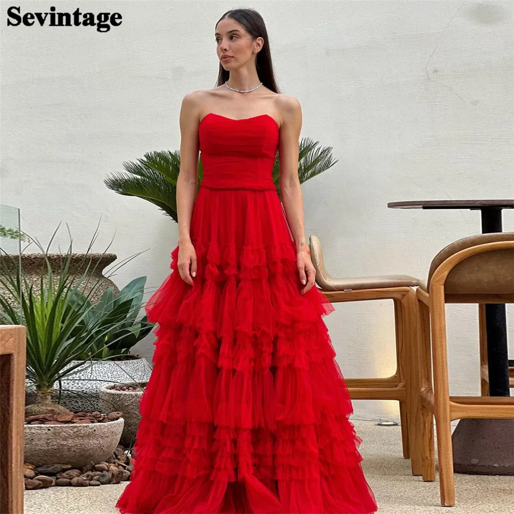 

Sevintage Elegant Red Tulle Prom Dress A-Line Strapless Tiered Ruffles Floor Length Evening Dress vestido para eventos especiale