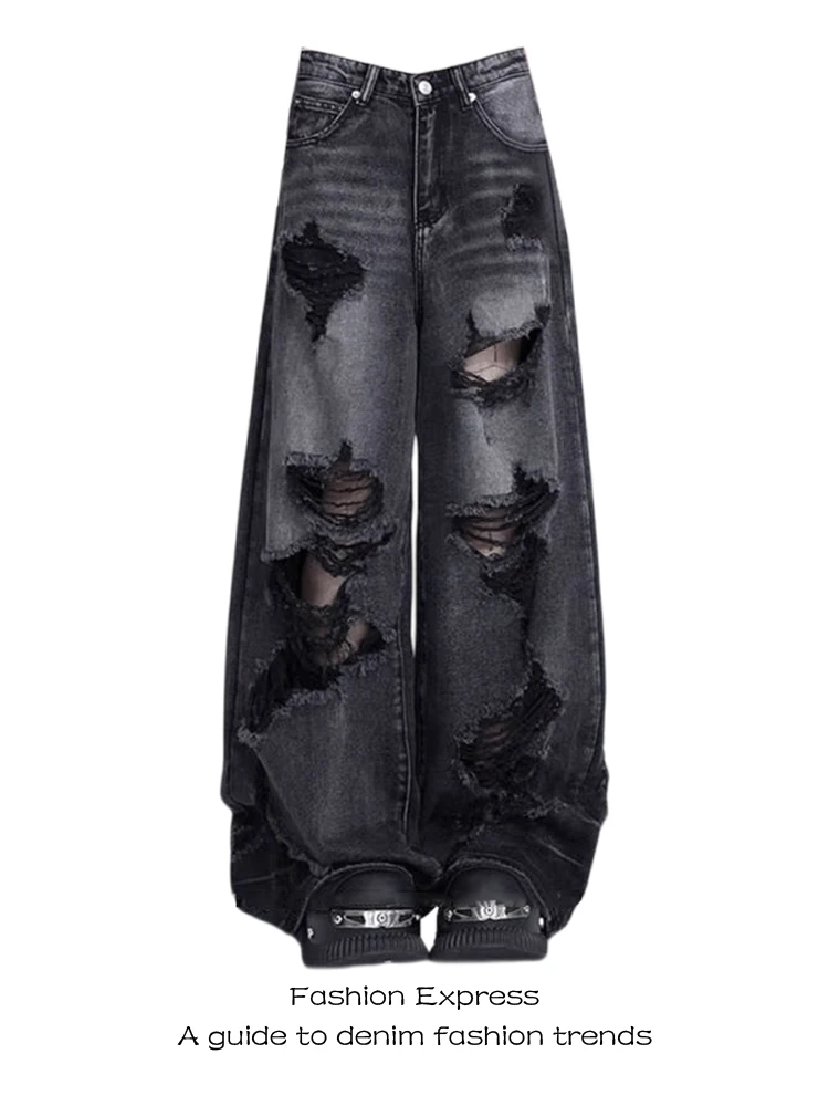 

High Waist Loose Fit Black Denim Jeans Women's Autumn Winter Trendy High Street Wide Leg Pants Slimming Floor-Length Trousers