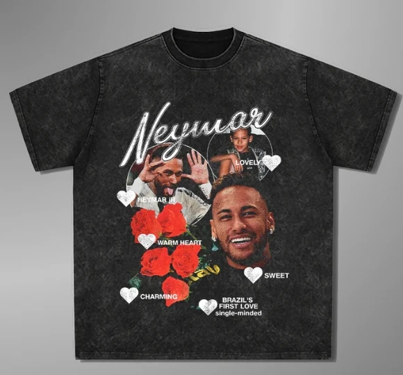 

2025 Summer Latest Washed Crew Neck T-shirt Y2k Wind Neymar Star Flat Print T-shirt Large Size Men's and Women's Top T-shirt