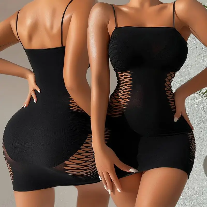 

1PC Sexy Women Mini Dress Hollow Out strap Sleeveless Bodycon Dress Mesh See-Through Hip Mini Bodycon Skinny Clubwear