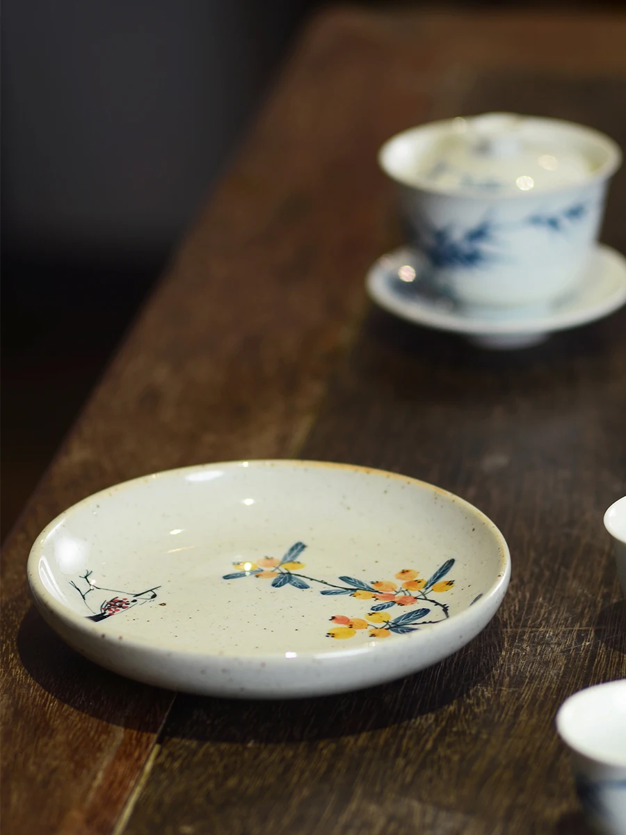 

Китайская расписная вручную тарелка для чая и закусок с изображением дикой вишни, круглая, для чайной церемонии Гунфу, подставка для чайника, поднос для чая и закусок