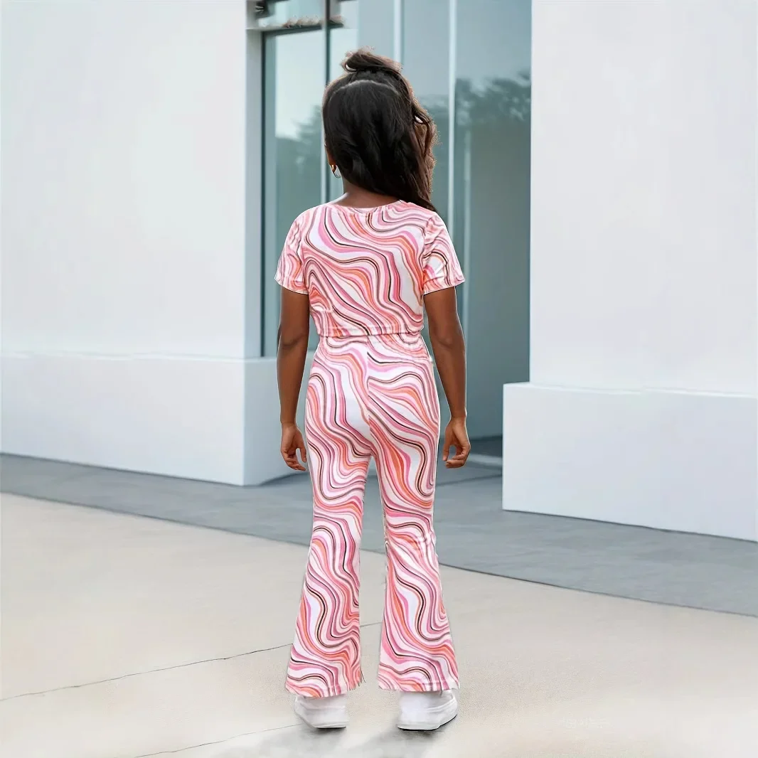 New 2025 Summer Girls Clothing Sets Baby Girl Striped Short Sleeve T-shirt Crop Tops + Flared Trousers Children Casual Clothes