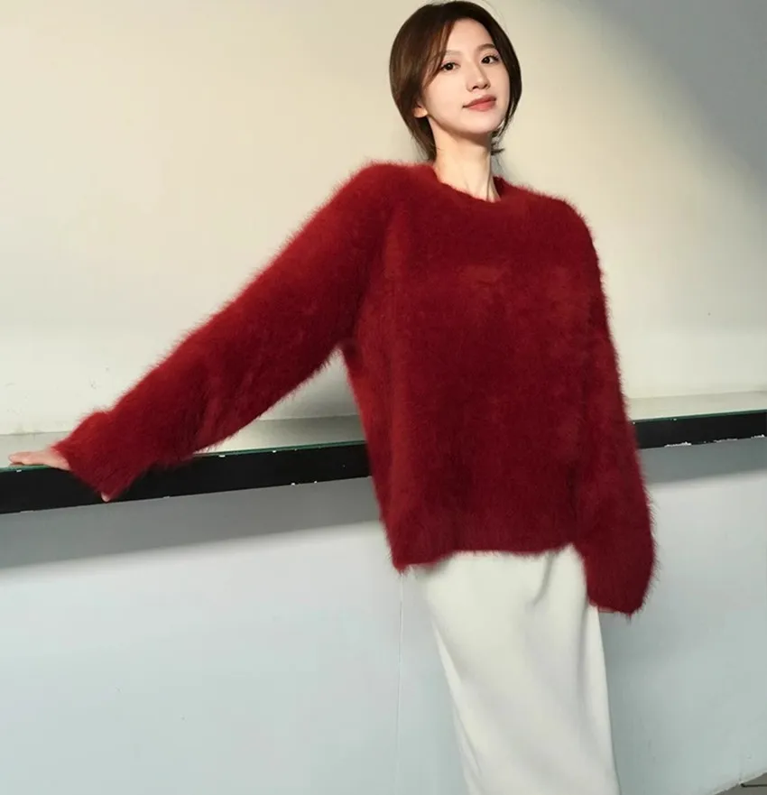 2024 New Year Red Mohair Soft Loose Sweater Fashion Lazy Autumn Winter Long Sleeve O Neck Hairy Knitted Warm Pullovers For Women