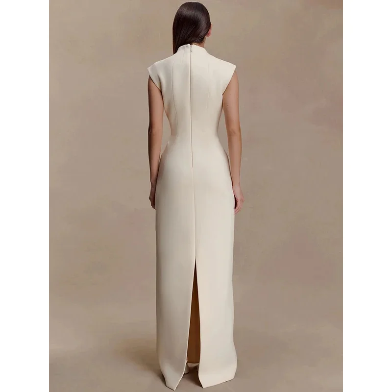 Robe Maxi sans manches découpée pour femmes, élégante, fermeture éclair, col mi-haut, taille haute, moulante, robes longues de soirée en boîte de nuit