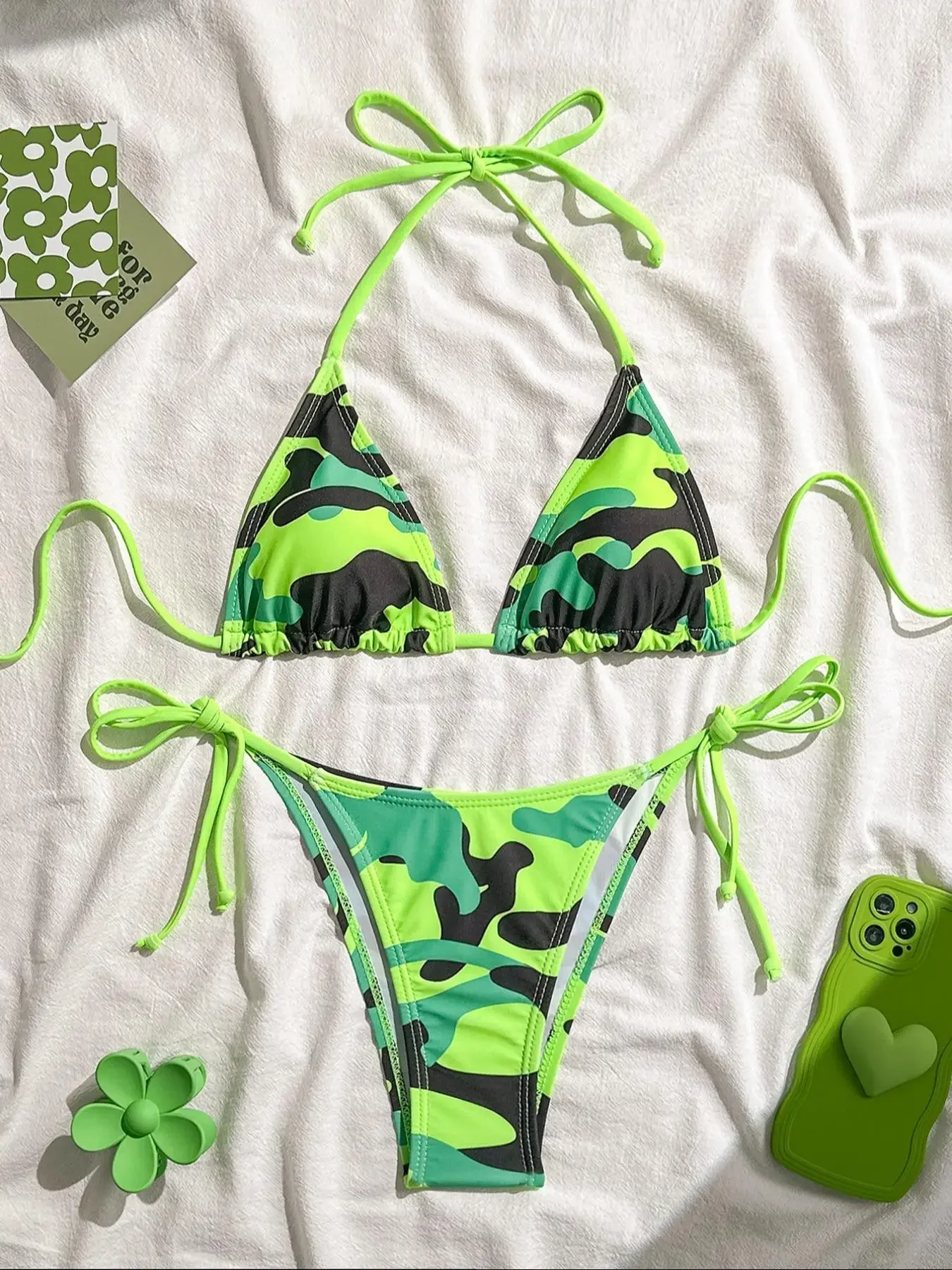 

Sexy Green Camouflage Print Micro Bikini 2025 Women Halter Push Up Tie Side Thong Swimsuit Brazilian Beach Bathing Suit Swimwear