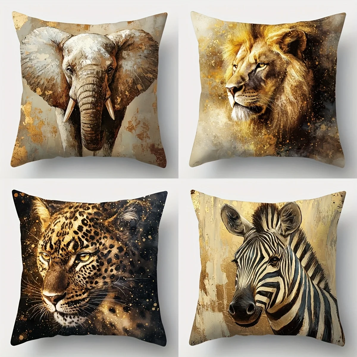 

Quad Pack Safari Animal Print Pillow Covers Golden Lion Elephant Leopard Zebra Throw Cushions Luxury Jungle Home Decor