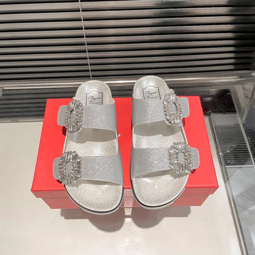 شباشب نسائية صيفية بإبزيم مربع ونعل سميك مع صنادل مسطحة وعصرية، شباشب نسائية من حجر الراين