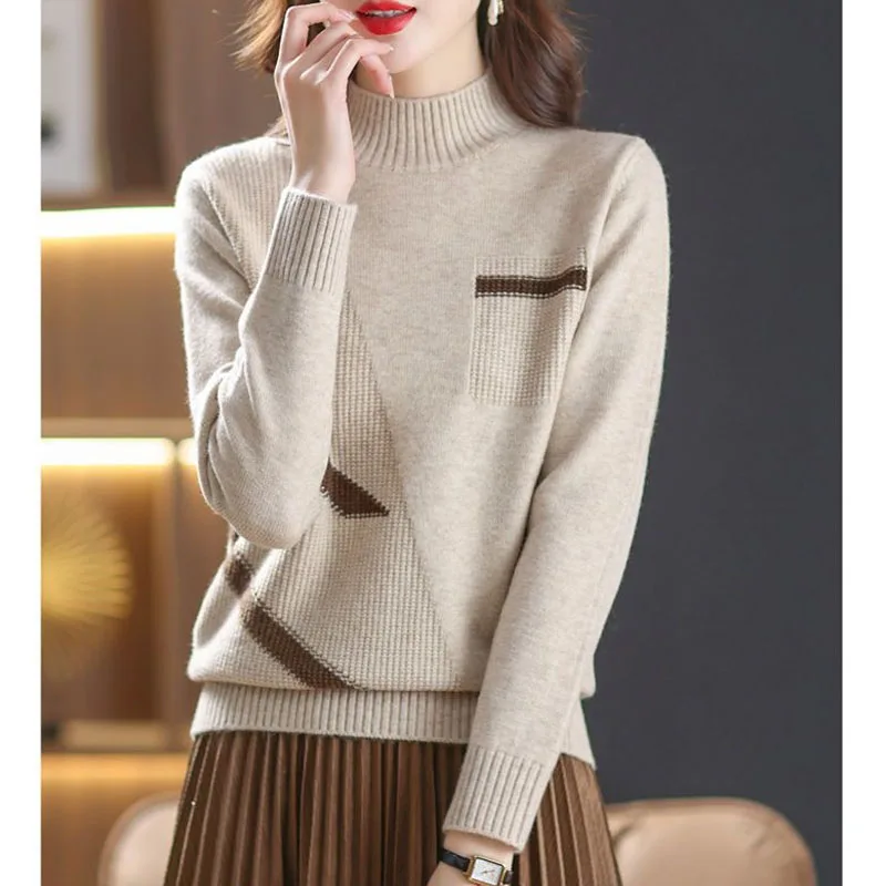 New Autumn/Winter Fashion Trend Contrast Color Half High Neck Loose Versatile Slim and Fashionable Long Sleeve Knitted Sweater