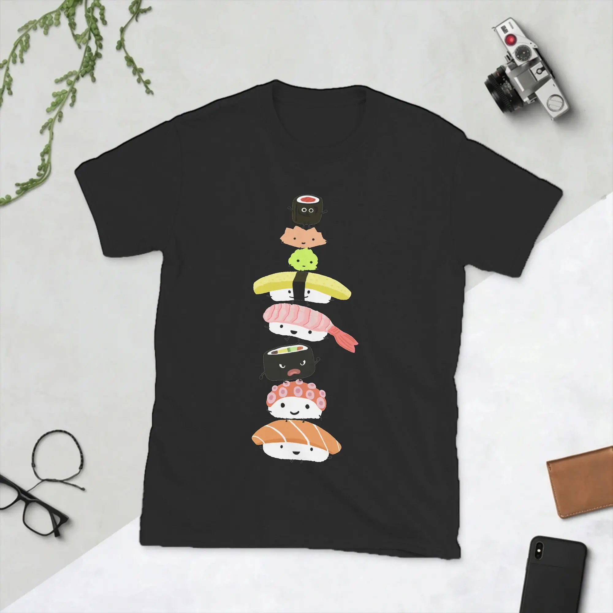 Sushi Stack Men's T Shirts Food Cute Japan Kawaii Sashimi Rice Cartoon Tees Short Sleeve O Neck T-Shirt Pure Cotton New Clothing
