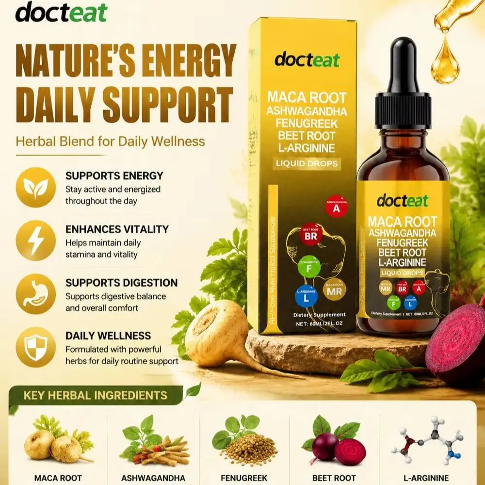 Docteat Maca Root Liquid Drops with Ashwagandha, Fenugreek, Beet Root and L-Arginine for Adult Energy and Vitality Support 60 ML